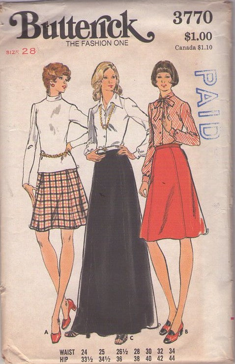 Butterick 3770 Vintage 70's Sewing Pattern A-Line Skirts, Secretary Skirt, A-Line 3 Lengths Waist Size 28