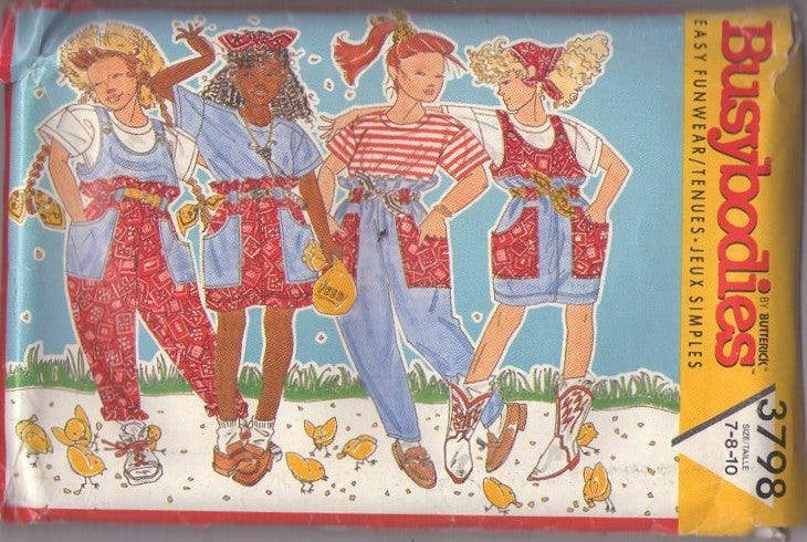 Butterick 3798 Vintage 80's Sewing Pattern Girls' Separates, Busybodies, Easy Funwear, Paper Bag Waist Cargo Pants, Skirt, Jumper, Overalls, Jumpsuit, Tshirt Top Size 7-10