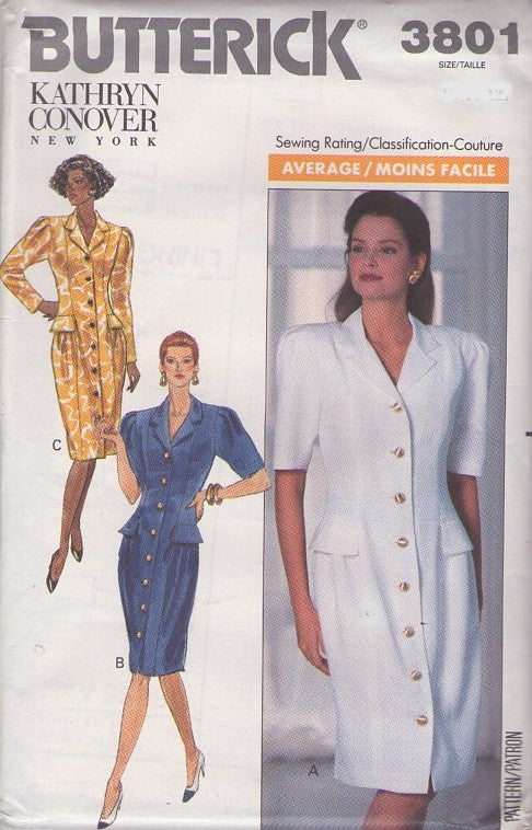 Butterick 3801 Vintage 80's Sewing Pattern Designer Dress, Kathryn Conover Shapely Flap Pockets Front Buttoned Coat Dress Size 8-12