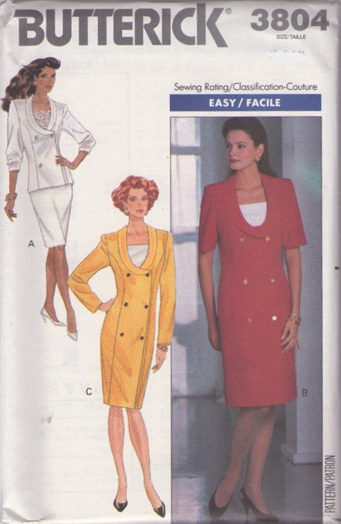 Butterick 3804 Vintage 80's Sewing Pattern Secretary Dress, Top, Skirt, Dynasty Pretty Woman Curve Hugging Shawl Collar Suit Jacket Top, Sheath Skirt, Double Breasted Coatdress, Dickey Size 6-10