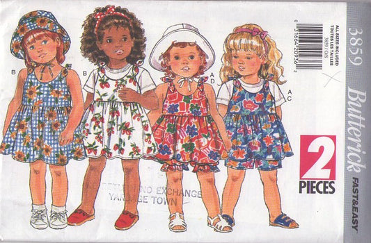 Butterick 3859 Vintage 90's Sewing Pattern Toddler Girls' Summer Dress or Jumper, Shorts, Sun Hat All Sizes 1-4