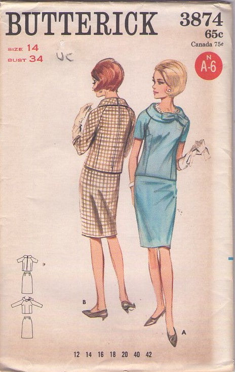 Butterick 3874 Vintage 60's Sewing Pattern Mod Secretary 2 Piece Dress, Back Zip Blouse, Sheath Skirt Size 14