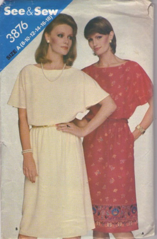 Butterick 3876 Vintage 80's Sewing Pattern Batwing Disco Dress, See & Sew Secretary, Border Print Size 8-18