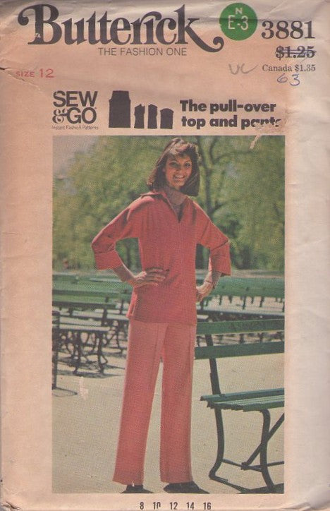 Butterick 3881 Vintage 70's Sewing Pattern Easy Separates, Sew & GO Pullover Tunic Top Boho Shirt, Slacks Size 12