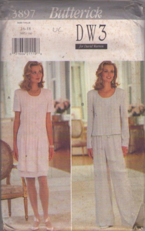 Butterick 3897 Retro 90's Sewing Pattern Career Dress, DW3 for David Warren, Pleated, Double Layer Look, Secretary Dress, Blouse & Pants Pantsuit Size 16-18