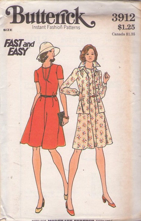 Butterick 3912 Vintage 70's Sewing Pattern Secretary Dress, Jacket, Fast & Easy Center Seam Day Dress, Collared Shirt Jacket Cover Up Size 10