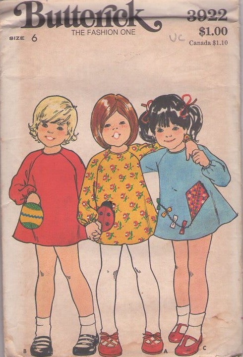 Butterick 3922 Vintage 70's Sewing Pattern Girls' Raglan Sleeve Dress, Flared, Ladybug or Kite Applique Pockets Size 6