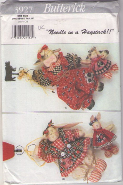 Butterick 3927 Vintage 90's Sewing Pattern Farm Crafts, Needle In A Haystack, Animal Toys, Home Decor, Hanging Stuffed Cow & Bunny Rabbit Big & Small Doll, Clothes One Size