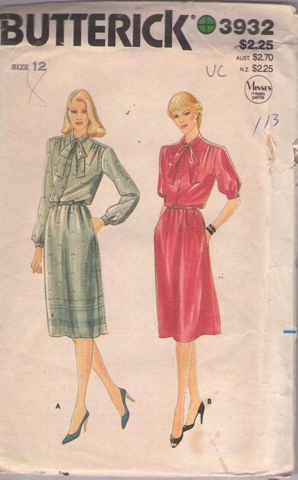 Butterick 3932 Vintage 80's Sewing Pattern Classic Blouson Shirtwaist Dress, 2 Secretary Styles, Pockets Size 12