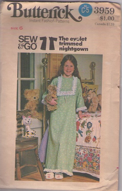 Butterick 3959 Vintage 70's Sewing Pattern Girls' Modest Nightgown, Cottagecore, Prairie Gown, Sew & Go Size 6