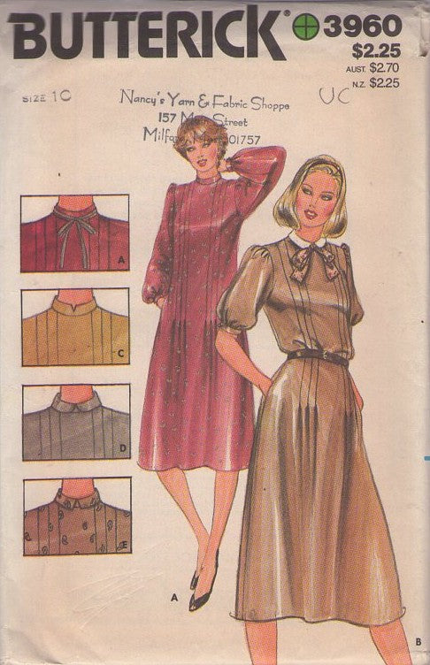 Butterick 3960 Vintage 70's Sewing Pattern Secretary Dress, Front and Back Pin Tucks, Nehru & Band Collar, Flared Skirt Size 10