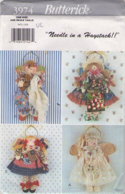 Butterick 3974 Vintage 90's Sewing Pattern Folk Crafts, Needle In A Haystack, Stuffed Toys, Angel Doll Wall Hanging Country Decor 4 Styles Holiday or Everyday One Size