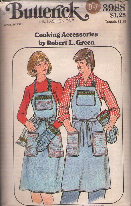Butterick 3988 Vintage 70's Sewing Pattern Aprons, Cooking Accessories, Robert L. Green, His & Hers BBQ Chef Aprons, Apron Set, Oven Mitts One Size