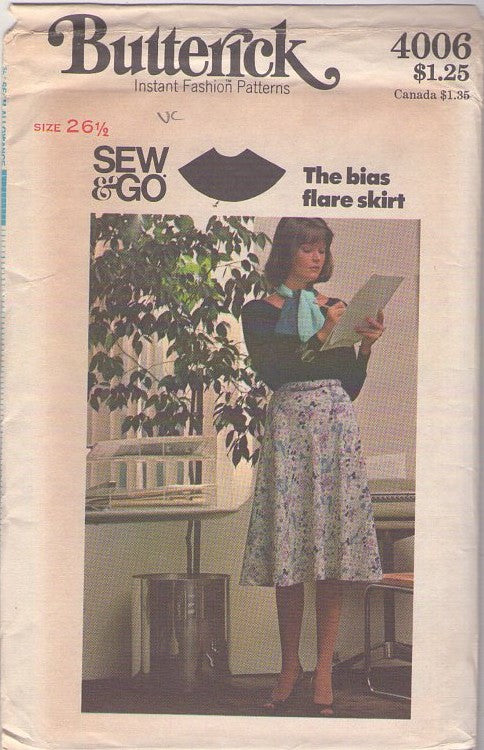 Butterick 4006 Vintage 70's Sewing Pattern Sew & Go Skirt, Bias Flared Skirt, Back Zipper Size 26.5