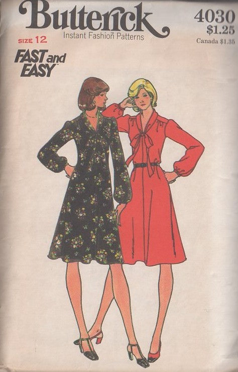 Butterick 4030 Vintage 70's Sewing Pattern Disco Dress Set, Fast & Easy Tie Collar Center Seamed Secretary Dress Size 12 CUT