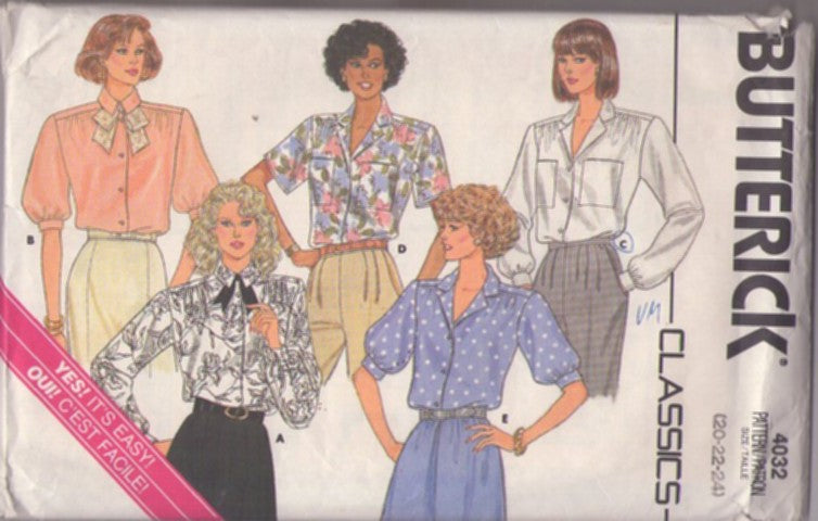 Butterick 4032 Vintage 80's Sewing Pattern Easy Boxy Blouse Set, Full Figure Shirts, 5 Styles Size 20-24