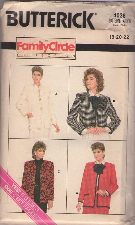 Butterick 4036 Vintage 80's Sewing Pattern Blazer Set, Family Circle Collection, Yes It's Easy, Boxy Suit Jacket, Coat in 4 Styles Size 12-14