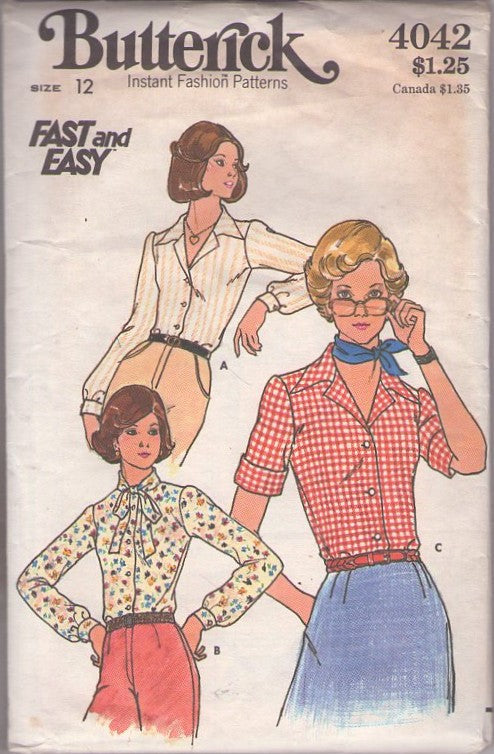 Butterick 4042 Vintage 70's Sewing Pattern Hipster Shirts, Secretary Collared Shirt, Blouse, Top Set Size 12