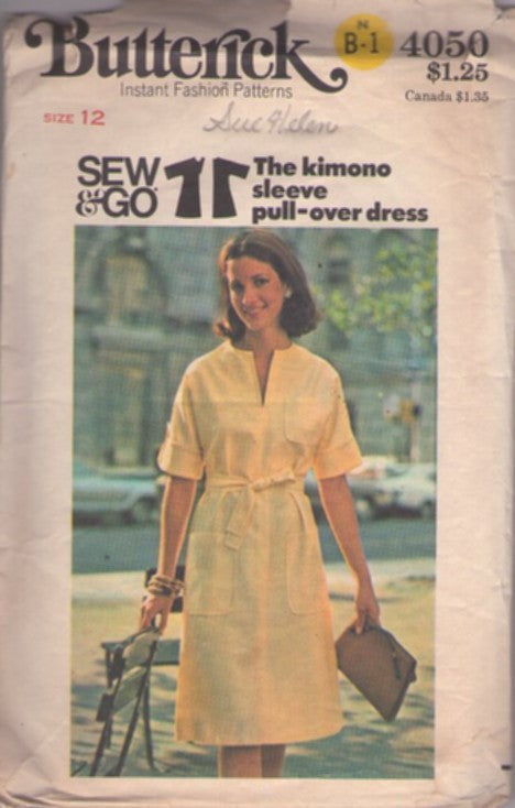 Butterick 4050 Vintage 70's Sewing Pattern Easy Sew & Go Boho Kimono Sleeve Pull Over Dress, Cuffed Sleeves A-Line Skirt Size 12