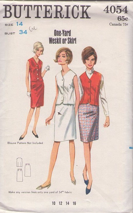 Butterick 4054 Vintage 60's Sewing Pattern Easy Skirts, Vest Top, One Yard Weskit, Slim Skirt Size 14