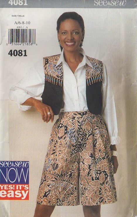 Butterick 4081 Retro 90's Sewing Pattern Vests, Shorts, SNL Kat & Garth Costume Ideas, See & Sew Now, Bead Fringe Bolero Vest, Modest Loose Walking Shorts Size 6-10