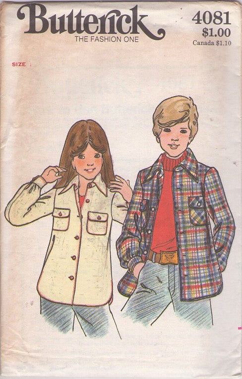 Butterick 4081 Vintage 70's Sewing Pattern Boys' Shirt Jackets, Pendleton 49er Style, Flannel Shirt Jacket, Hunting, School Size 10