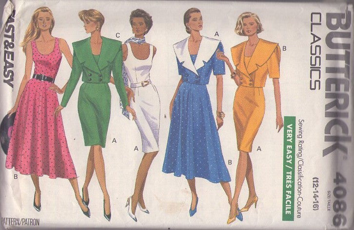 Butterick 4086 Vintage 90's Sewing Pattern Secretary Separates, Scoop Neck 80s Look Sheath Dress, Flared Skirt Dress, Cropped LARGE Collar Double Breasted Jacket Size 12-14
