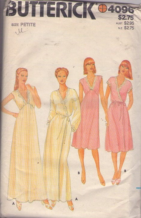 Butterick 4096 Vintage 80's Sewing Pattern Nightgown, Robe Set, Romantic Sleepwear, Short or Long High Waisted Night Gown, Wrap Lace Trimmed Robe, Peignoir Size P