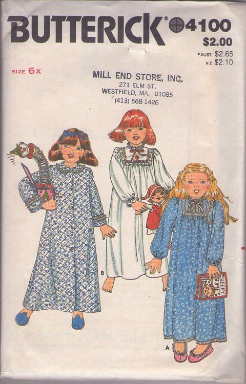 Butterick 4100 Vintage 80's Sewing Pattern Girls' Sleepwear, Modest Cottagecore Old Style Long Flared Long Sleeve Nightgown, Robe, Bathrobe, House Coat Set Size 6X
