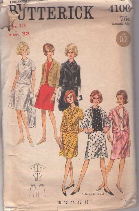 Butterick 4106 Vintage 60's Sewing Pattern Mod Suit Separates, Suitable for VINYL, Mod Gogo Skirt, Jacket, Top Size 12