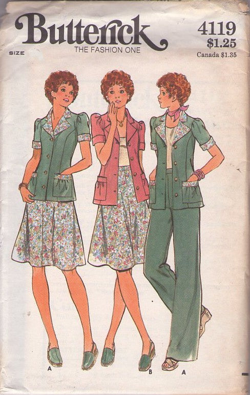 Butterick 4120 Vintage 70's Sewing Pattern Secretary Separates, Puffed Pockets, Shirt Jacket Blouse, Flared Center Seams Skirt, High Waisted Pants Size 12