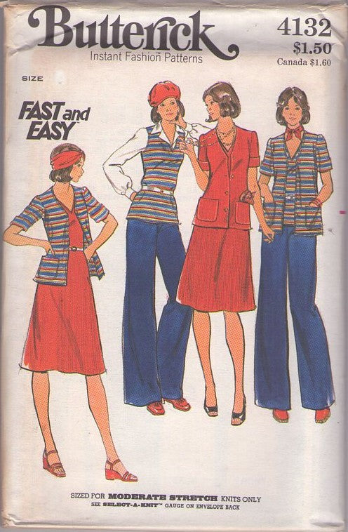 Butterick 4132 Vintage 70's Sewing Pattern Secretary Separates, Fast & Easy V Neck Tank Top Shirt, Summer Dress, Shirt Jacket Blouse, Flared Skirt, Wide Leg Slacks Size 12