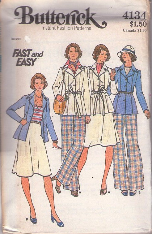Butterick 4134 Vintage 70's Sewing Pattern Secretary Separates, Fast & Easy Retro Shirt Jacket, Flared Skirt, Belled Pants Size 10
