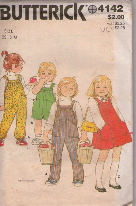 Butterick 4142 Vintage 80's Sewing Pattern Boys & Girls Unisex Overalls, Romper, Jumpsuit, Dress, Jumper Size XS-M