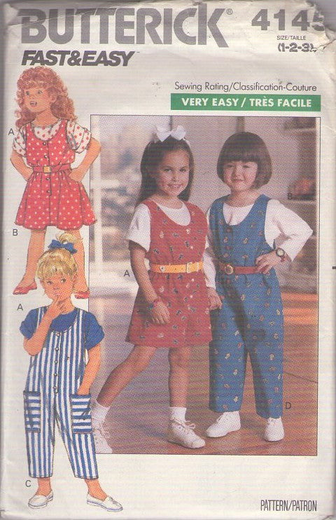 Butterick 4145 Vintage 80's Sewing Pattern Girl's Jumpsuit, Summer Romper, Tshirt Top, Fast & Easy Size 1-3