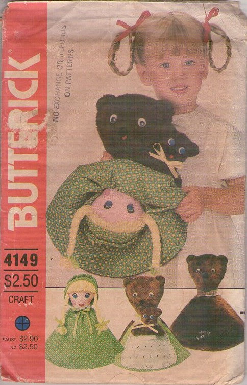 Butterick 4149 Vintage 80's Sewing Pattern Topsy Turvy Doll, Goldilocks & The Three Bears, Reversible Flip, Toy Crafts One Size