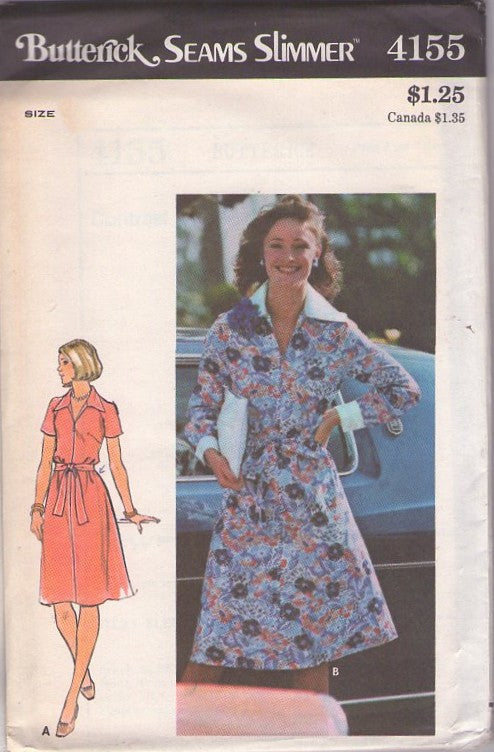 Butterick 4155 Vintage 70's Sewing Pattern Secretary Dress, Retro Brady Bunch Style Secretary Contrast Collar & Cuffs Flared Skirt Dress, Front Zipper Size 12