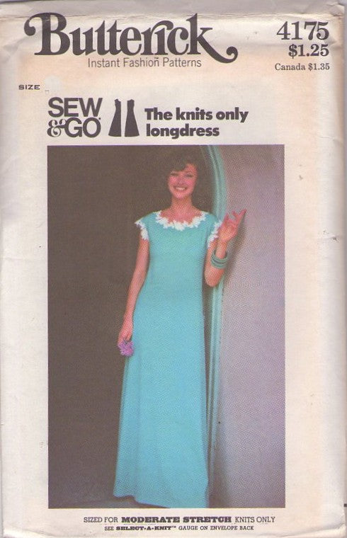 Butterick 4175 Vintage 70's Sewing Pattern Lounge Dress, Sew & Go, Knits Only, Long Dress, Scoop Neck Cap Sleeve Muu Muu, Nightgown, Maxi Dress Size 10