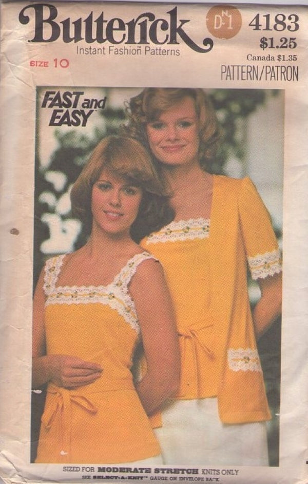 Butterick 4183 Vintage 70's Sewing Pattern Fast & Easy Lace Trim Disco Tank Top, Cardigan Jacket, Knits, Pam Dawber Size 10
