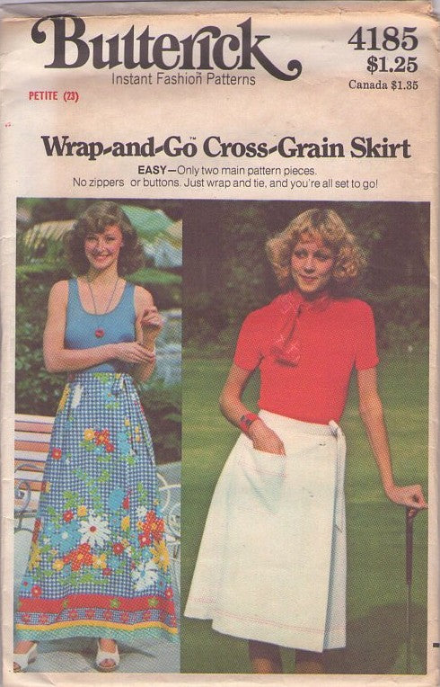 Butterick 4185 Vintage 70's Sewing Pattern Summer Skirts, Wrap Around & Go, Bias Border Fabric Skirt Size S