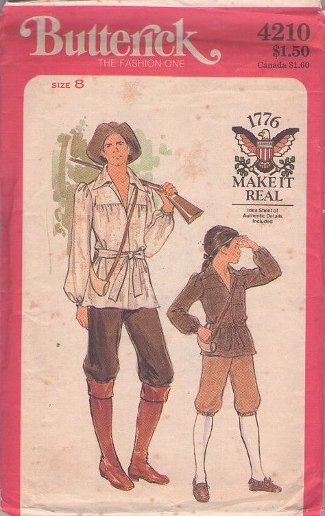 Butterick 4210 Vintage 80's Sewing Pattern Historical Costumes, Patriotic 1776 Bicentennial Boys' Make It Real Colonial Oversized Shirt, Knickers Pants, Tie Belt Costumes Size 8