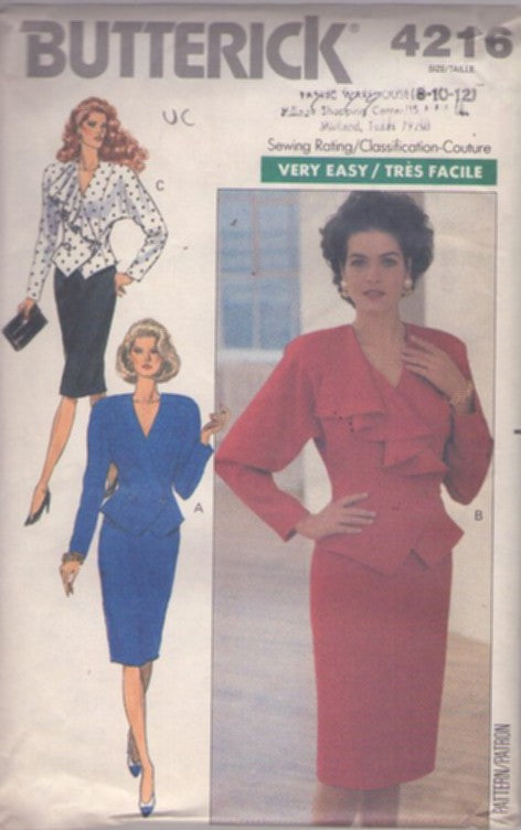 Butterick 4216 Vintage 80's Sewing Pattern 2 Piece Dress, Very Easy, Dynasty Power Suit Ruffle Swag Pointed Hem Jacket Top Blouse, Slim Sheath Skirt Size 8-12
