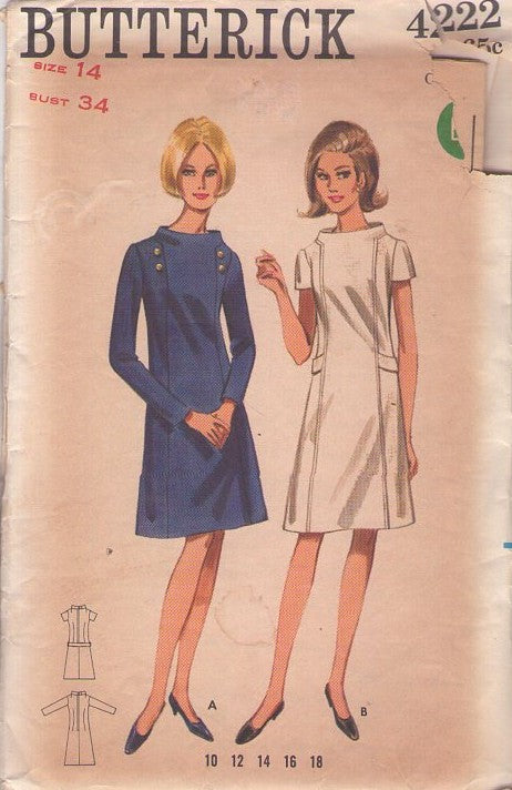 Butterick 4222 Vintage 60's Sewing Pattern Mod Dress, Stand Up Funnel Neck, Fit & Flared, 2 Styles Size 14