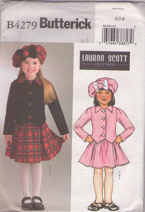 Butterick 4279 Retro 2004 Sewing Pattern Girls' Suit Dress, Designer Lauren Scott, Flared Pleated Skirt, Shaped Front Jacket Top, 2 Piece Dress & Puffy Tam Hat Size 6-8