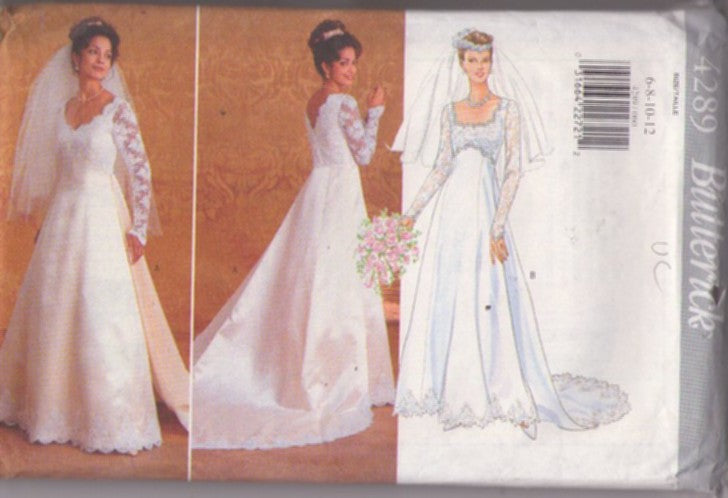 Butterick 4289 Retro 90's Sewing Pattern Wedding Gown, Sheer Lace Sleeves, Train, Bridal Dress Size 6-12