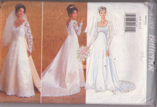 Butterick 4289 Retro 90's Sewing Pattern Wedding Gown, Sheer Lace Sleeves, Train, Bridal Dress Size 6-12