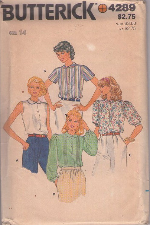 Butterick 4289 Vintage 80's Sewing Pattern Prissy Blouse Set, Peter Pan Collar, Pin Tucks, Puff Sleeves, 4 Styles Size 14