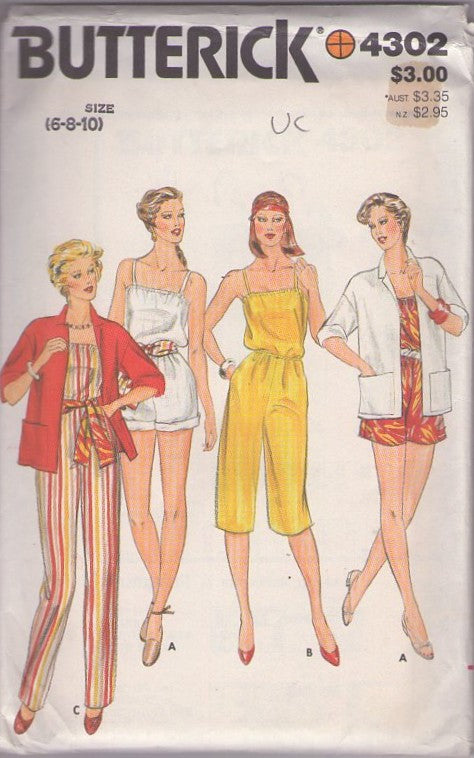 Butterick 4302 Vintage 70's Sewing Pattern Summer Jumpsuits, Pedal Pusher Disco Looks, Romper, Jacket & Tie Sash Belt Size 6-10