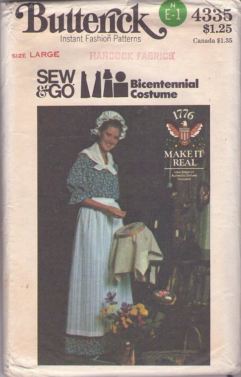 Butterick 4335 Vintage 70's Sewing Pattern Historical Costumes, Sew & Go 1776 Make it Real Authentic Details Bicentennial Costume Dress, Apron, Hat, Scarf Size M