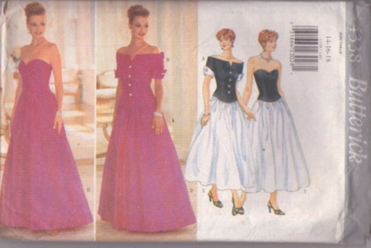 Butterick 4338 Vintage 90's Sewing Pattern 50s Style Formal, Sweetheart Strapless Fitted Bodice, Full Skirt Cocktail Party Dress, Evening Gown, Off the Shoulder Fitted Jacket Cover Up Size 14-16